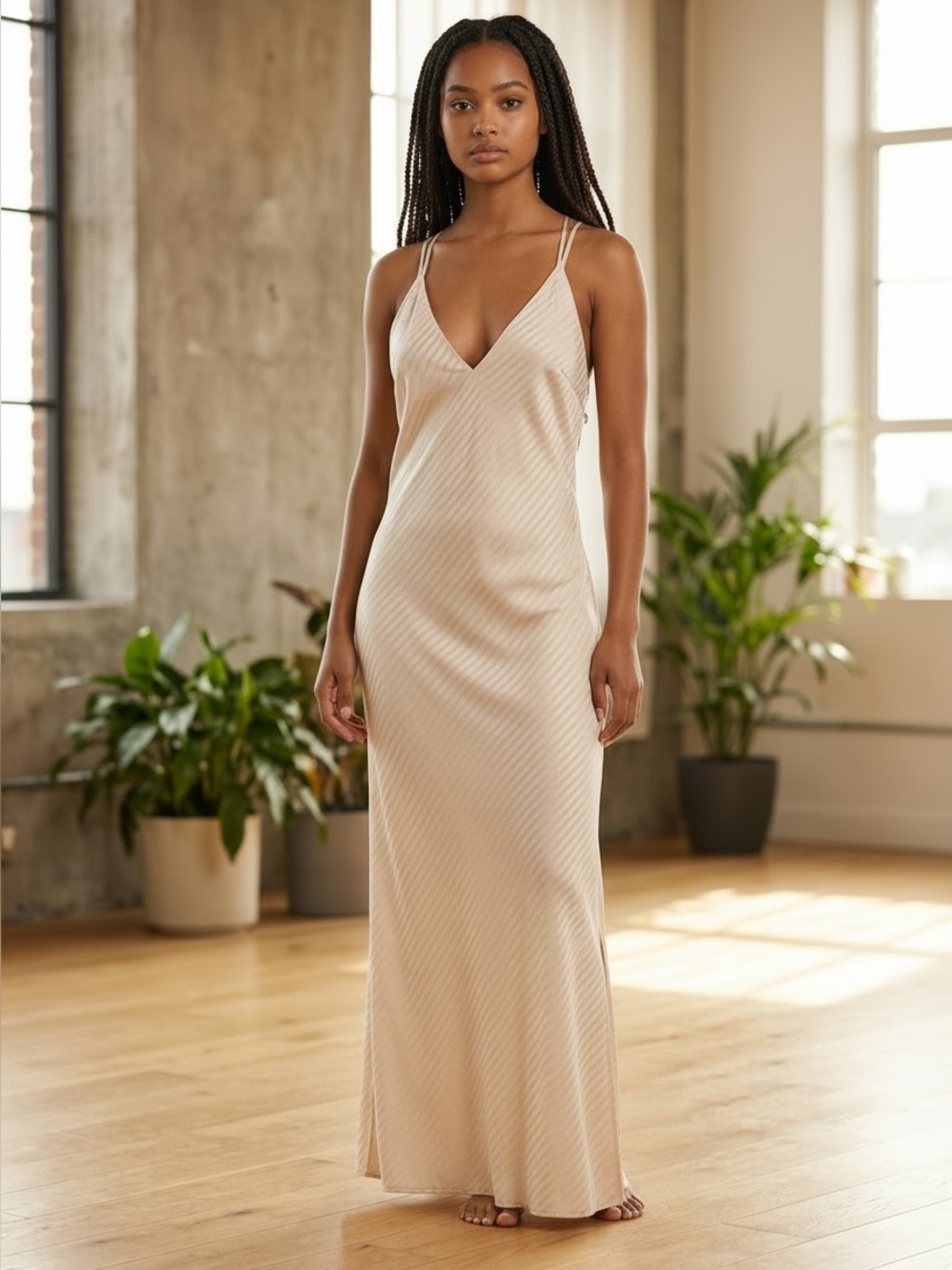 Champagne Satin Maxi Slip Dress Bias Cut Strappy Bridal Primark Size S